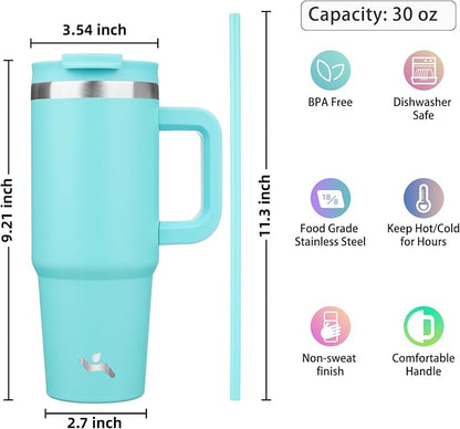 Konokyo 30 oz Insulated Tumbler Water Bottle with Handle, Straw Lid | BPA-free and dishwasher safe; made for gym, travel, coffee and gifting, 2 straws, cup holder friendly,Turquoise