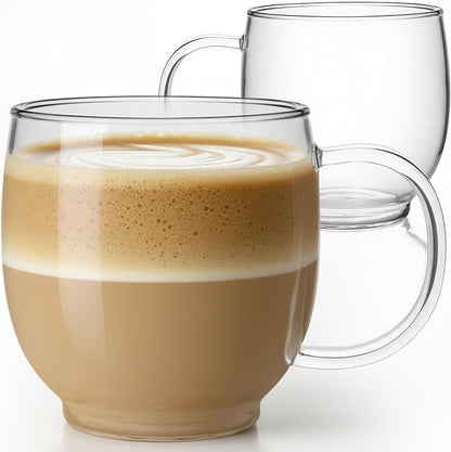 Aquach 20oz Glass Coffee Mugs Set of 2, Clear Borosilicate Tea Cups | Dishwasher/Microwave Safe, Single-walled, Smooth Rim, Handle Comfort, Large Capacity Fits Hot/Cold Brews