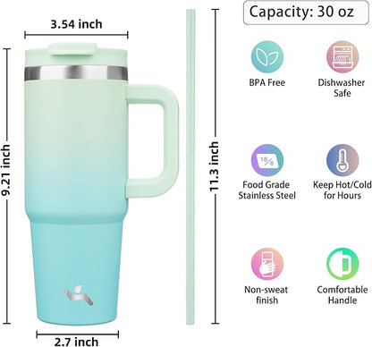Konokyo 30 oz Insulated Tumbler Water Bottle with Handle, Straw Lid | BPA-free and dishwasher safe; made for gym, travel, coffee and gifting, 2 straws, cup holder friendly,Mint