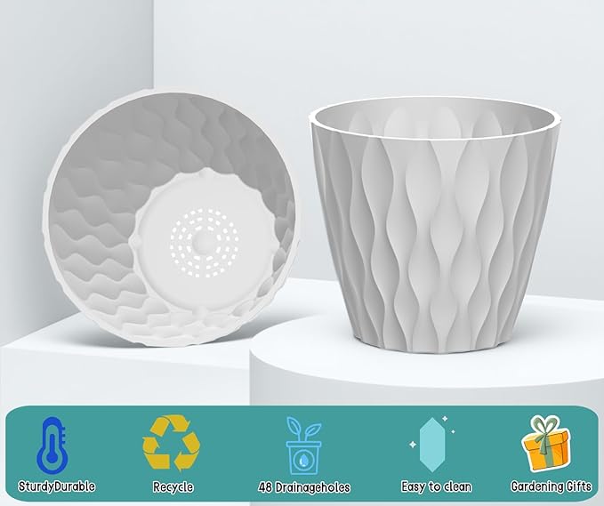 10 Pack 5 Inch Plant Pots with Drainage and Saucers, White Plastic Flower Pots for Indoor and Outdoor Plants, Stackable Nursery Planters for Houseplants and Herbs, White
