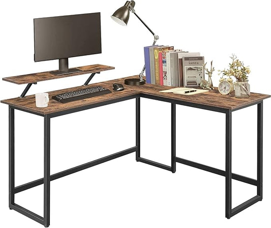 L Shape Computer Desk - Spacious 55 inch Corner Desk Home Office Desk Gaming Desk with Reversible Monitor Stand and Adjustable Feet, Easy Assembly, Rustic Brown