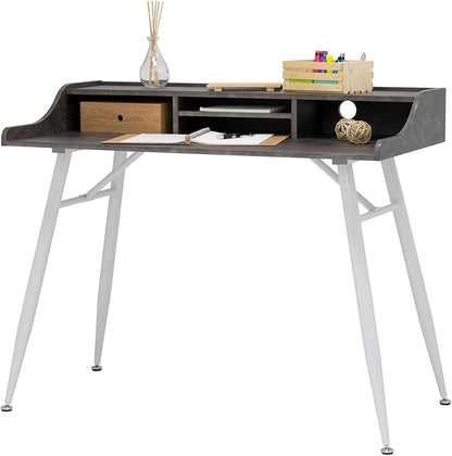 Calico Designs Woodford 45” Wide Modern, Secretary, Writing, Desk with Low Storage Hutch and Whtie Metal Tapered Legs in Marbled Dark Grey, White