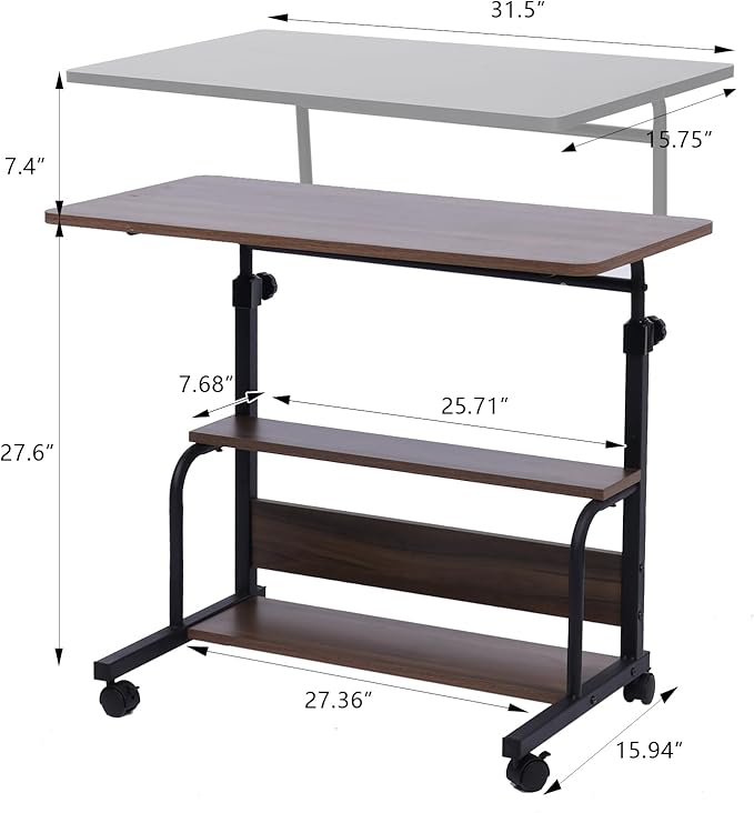 Portable Desk Small Desks for Small Spaces Laptop Table Brown Rolling Adjustable Desk on Wheels Mobile Couch Desk for Bedroom Home Office Computer Standing Desk Student Desk with Storage 32x16 Inch