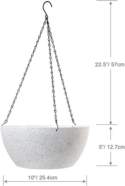 10 inch Hanging Planters for Outdoor Indoor Plants with Drainage Holes and Chain, 2 Pack Round Hanging Flower Plant Pots for Garden Home Porch Decor, Speckled White