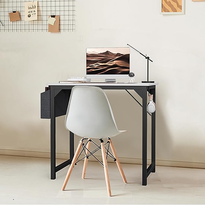 SMUG Computer Desk 32 Inch Home Office Writing Wood Storage Bag & Headphone Hook Small Spaces Simple Bedroom Work Study Kids Table, White
