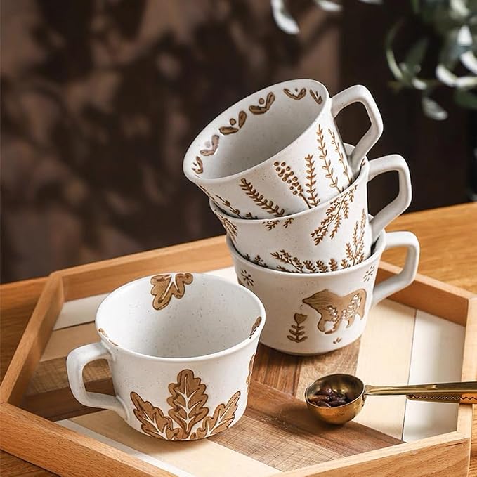 Small Ceramic Mug 1 pc, 11oz - Vintage Coffee Mug, Pottery Cups for Milk, Latte, Cappuccino, Tea - Handmade Porcelain Dishwasher, Microwave Safe Stoneware Gift for Women Men, Brown Leaf