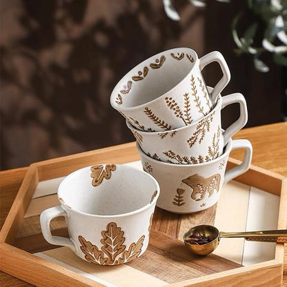 Small Ceramic Mug 1 pc, 11oz - Vintage Coffee Mug, Pottery Cups for Milk, Latte, Cappuccino, Tea - Handmade Porcelain Dishwasher, Microwave Safe Stoneware Gift for Women Men, Brown Leaf