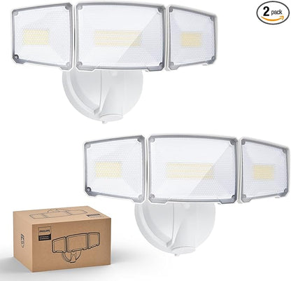 Philips 72W 7400LM LED Flood Lights Outdoor, Switch Controlled Aluminum Security Lights, 3 Adjustable Heads, Wall Mount, 5000K Daylight, Waterproof for Yard, Garage (2 Packs)