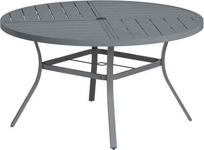 VICLLAX Round Patio Table with Adjustable Umbrella Hole for 8, All Weather Metal Outdoor Dining Table for Lawn Garden, 53.1" Outdoor Coffee Table, Grey Tabletop