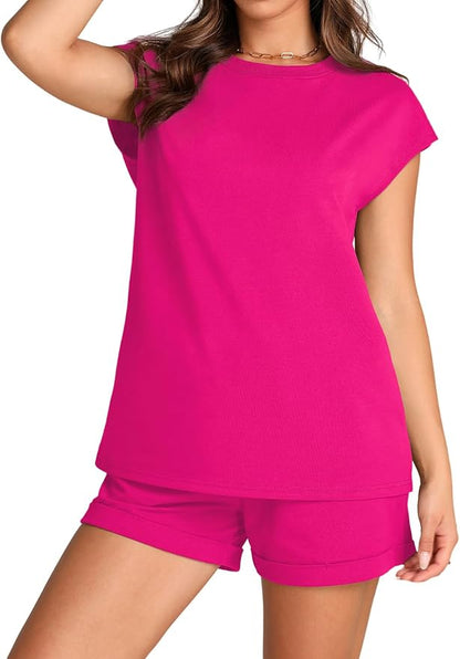 WIHOLL 2 Piece Sets for Women Casual Summer Travel Vacation Outfits Cap Sleeve Shorts Lounge Set