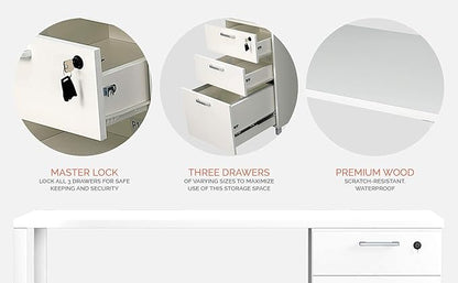 Milano Home Office Desk - 47 Inch White/White Home Office Desk with Drawers - Modern Computer Desk with Storage, Detachable & Lockable Computer Cabinet - Wooden Office, Study, and Writing Table