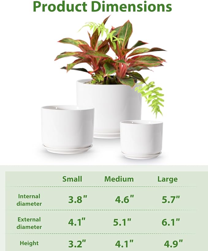 EFISPSS Plant Pots, 4+5+6 Inch Pots for Indoor Plants, Ceramic Planter Pot with Drainage Hole, Flower Pots for Succulent Cactus, Set of 3 - White