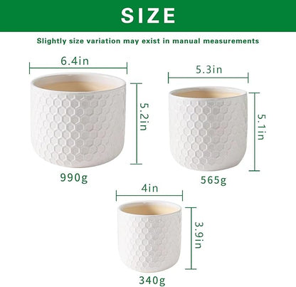 Docrin Plant Pots Indoor with Drainage: 6.4+5.3+4 Inch Ceramic Flower Pots for Plants - Set of 3 Modern Decorative Planters for House/Office/Gift - White Honeycomb