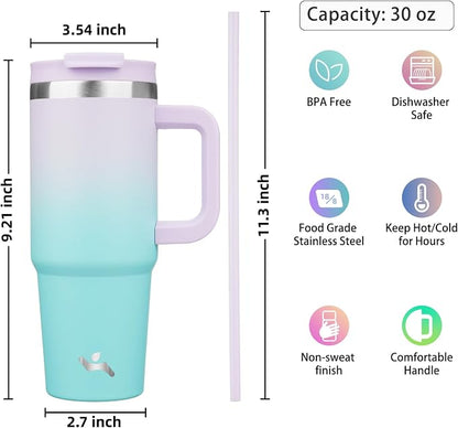 Konokyo 30 oz Insulated Tumbler Water Bottle with Handle, Straw Lid | BPA-free and dishwasher safe; made for gym, travel, coffee and gifting, 2 straws, cup holder friendly,Lavender Green