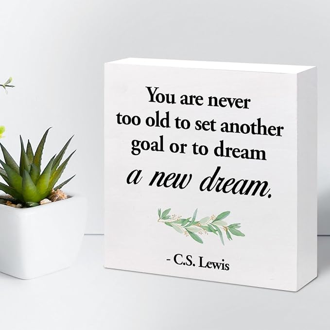Inspirational Wood Box Sign Desk Decor,You are Never Too Old to Set Another Goal Wood Plaque Signs,Rustic Positive Wooden Block Sign for Home Office Shelf Desk Table Decoration C1064