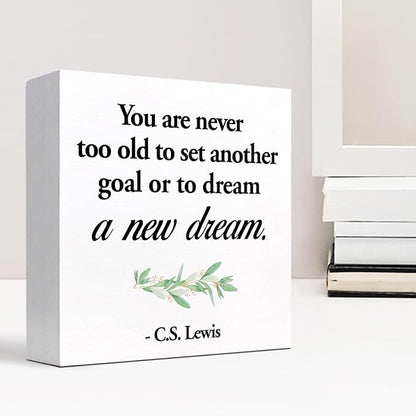 Inspirational Wood Box Sign Desk Decor,You are Never Too Old to Set Another Goal Wood Plaque Signs,Rustic Positive Wooden Block Sign for Home Office Shelf Desk Table Decoration C1064