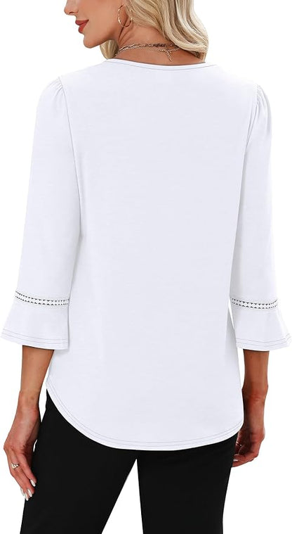 WIHOLL Womens Blouses Dressy Casual 3/4 Length Sleeve Tops Lace Trendy 2026 Spring Summer V Neck Shirts Vacation Outfits