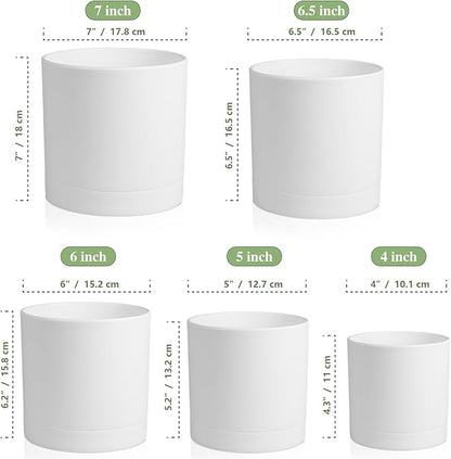7/6.5/6/5/4 inch Flower Pots, 5 Pack Cylinder Plant Pots for Small Indoor Outdoor Plants, Plastic Planters with Drainage Holes and Saucers for Garden Succulent Nursery House Plants, White