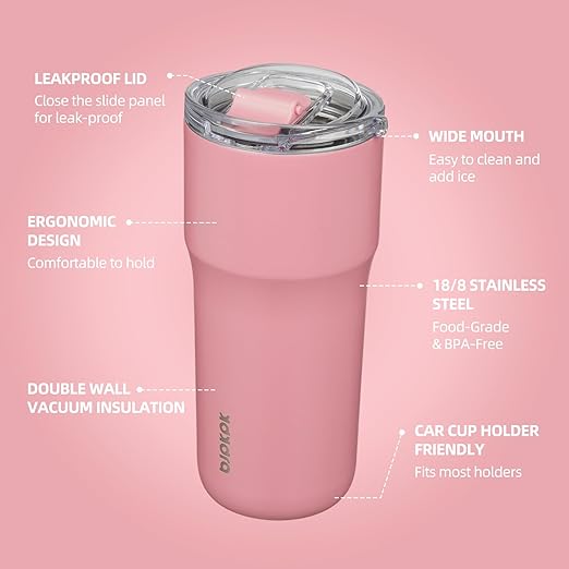BJPKPK 24 oz Coffee Tumbler, Insulated Stainless Steel Travel Cup | Double Wall Vacuum, Leak Proof Lid, Keeps Hot/Cold/Iced, BPA Free, Dishwasher Safe, Cupholder, Pink
