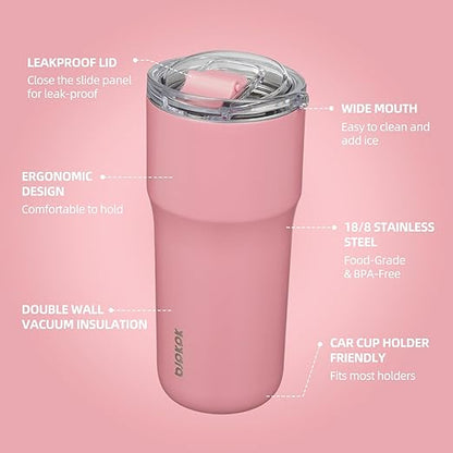 BJPKPK 24 oz Coffee Tumbler, Insulated Stainless Steel Travel Cup | Double Wall Vacuum, Leak Proof Lid, Keeps Hot/Cold/Iced, BPA Free, Dishwasher Safe, Cupholder, Pink