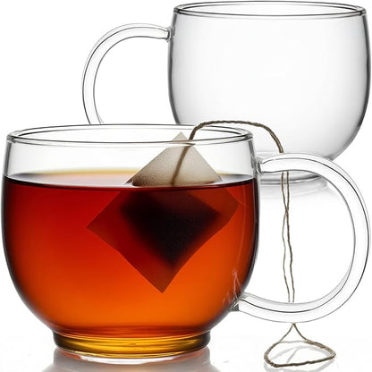Aquach 16oz Glass Coffee Mugs Set of 2, Clear Borosilicate Tea Cups | Dishwasher & Microwave Safe, Single-walled, for Hot & Cold Beverages, Smooth Rim, Handle Comfort, Crystal Clear Transparency