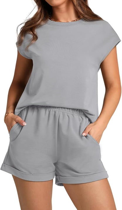 WIHOLL 2 Piece Sets for Women Casual Summer Travel Vacation Outfits Cap Sleeve Shorts Lounge Set