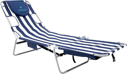 Ostrich the Backpack Chaise Lounge, Folding & Reclining Outdoor Beach Chaise Lounger Chair for Lawn, Pool, Patio, Garden, and Yard, Blue Stripe