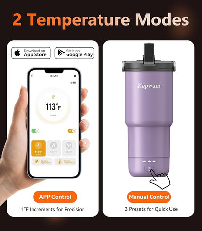 Kepwam Heated Coffee Mug Rechargeable T3, 20oz Self-Heating Travel Mug for Coffee with 1℉ Precise Temperature Control & App, Portable Cup Warmer for Outdoor & Car (Fits Cup Holders)