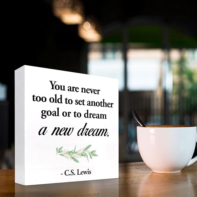 Inspirational Wood Box Sign Desk Decor,You are Never Too Old to Set Another Goal Wood Plaque Signs,Rustic Positive Wooden Block Sign for Home Office Shelf Desk Table Decoration C1064