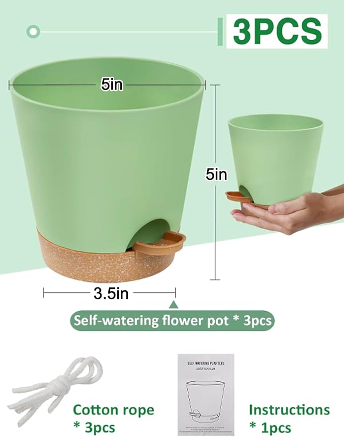 5in Self Watering Pots for Indoor Plants - 3pcs Bottom Watering African Violet Planters with Drainage, Plastic Houseplant Flower Pots for Venus Fly Trap Snake Plant Succulent Garden Live Plants