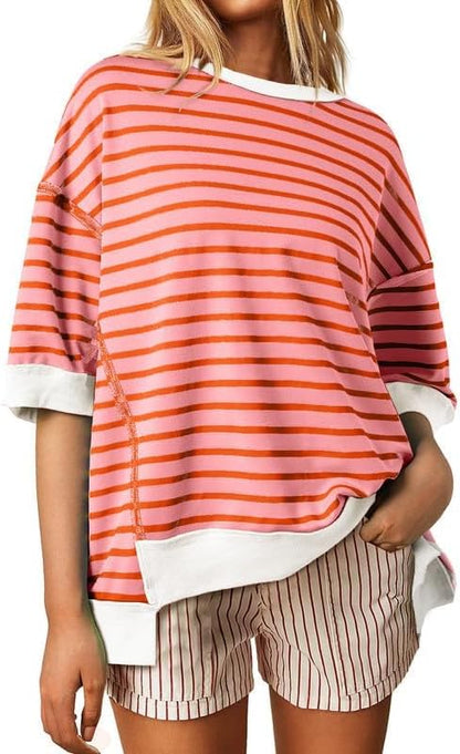 SHEWIN Womens Tops Casual Short Sleeve Sweatshirt Crewneck Striped Shirt Pullover T Shirts Loose Blouses