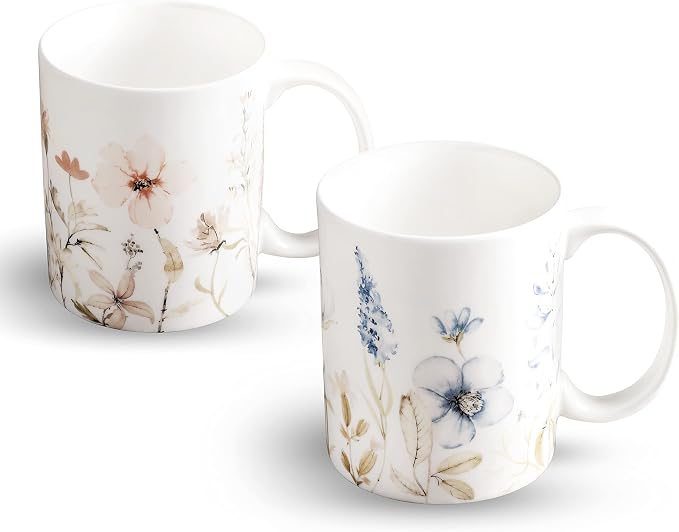 Maison d' Hermine Coffee Mug with Handles Tea Cups (15 Ounce, Pack of 2) | Fine Bone China Coffee Mugs for Hot Beverages Cappuccino Latte Home Restaurant Hotel Spring Summer -Ice Florals