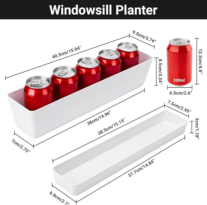 GREANER Long Window Boxes Planters, 6 Pack 16x3.8 Inch Vegetable Box Pot with Tray, Indoor Succulent Cactus Flowers Plastic Rectangle Pot for Balcony, Office, Garden, Outdoor, Windowsill - White