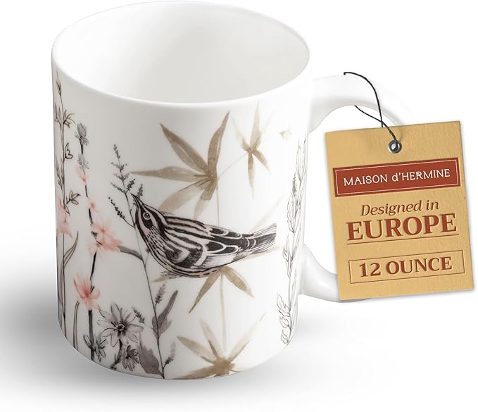 Maison d' Hermine Coffee Mug with Handles Tea Cups (12 Ounce, Pack of 1) | Fine Bone China Coffee Mugs for Hot Beverages Cappuccino Latte Home Spring Summer -Meadow Florals - Brown - Meadow Mornings