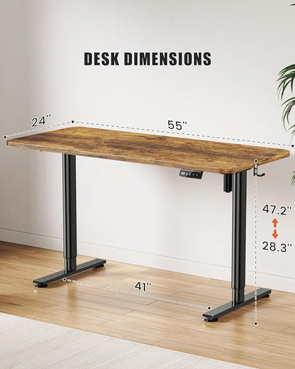 Electric Standing Desk Adjustable Height Stand Up Desk, 55" x 24" Sit Stand Desk, Low Noise Home Office Desk, Computer Desk with Splice Board, Child Lock & Memory Function, Rustic Brown