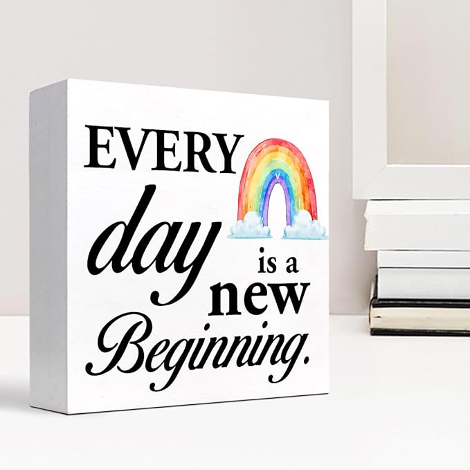 Positive Wood Box Sign Desk Decor,Every Day is a Fresh Beginning Wood Plaque Signs,Rustic Inspirational Wooden Block Sign Decor for Home Office Shelf Table Decoration C1076