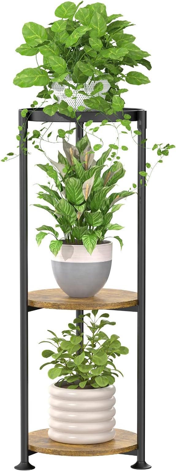 iDavosic.ly 3 Tier Corner Plant Stand Indoor, 34 Inch Tall Vertical Metal Flower Heavy Duty Pot Holder Shelf Outdoor for Patio Porch Living Room, Modern Black & Rustic Brown - Round