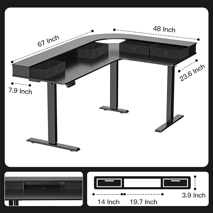 L Shape Standing Desk, 67 * 48 Inches Adjustable Height Standing Desk with 4 Drawers, Corner Electric Standing Desk with Monitor Stand for Home Office, Classic Black