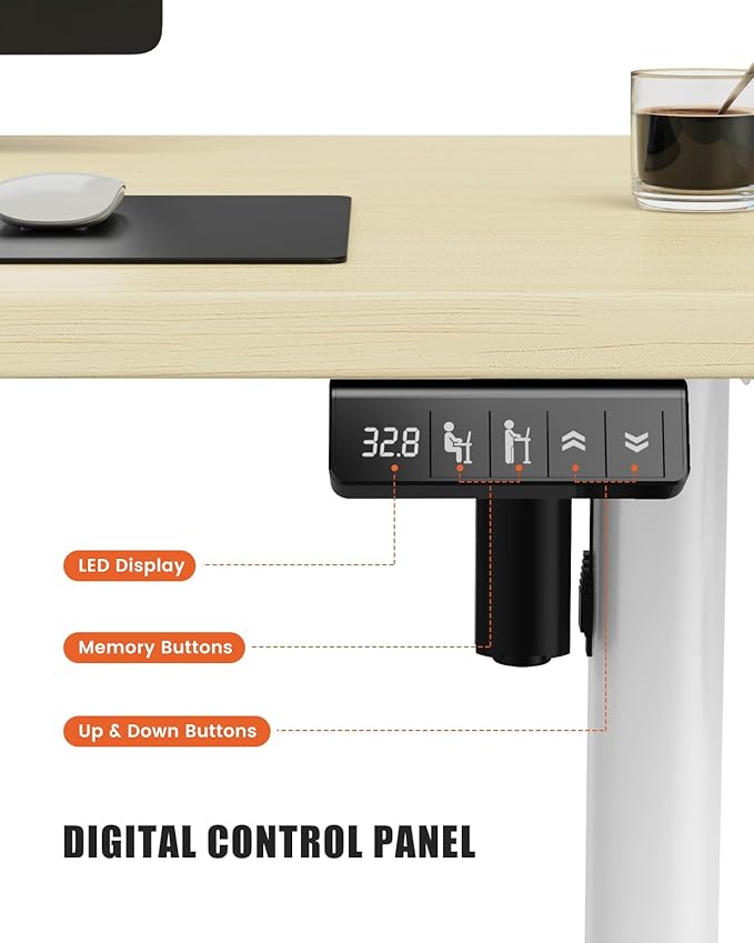 Electric Standing Desk Adjustable Height Stand Up Desk, 48" x 24" Sit Stand Desk, Low Noise Home Office Desk, Computer Desk with Whole-Piece Board, Child Lock & Memory Function, Maple