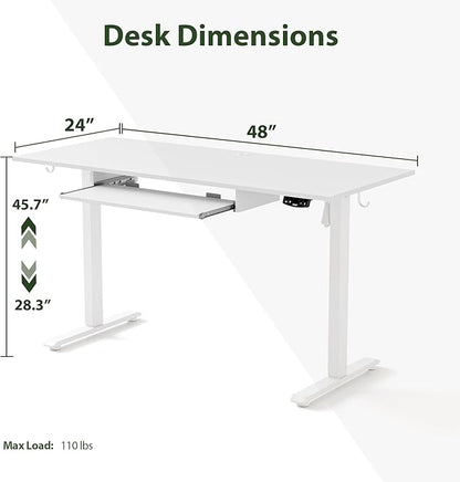 Height Adjustable Desk with Keyboard Tray, 48 x 24 Inches Electric Standing Desk, Stand up Computer Table with Memory Preset, Modern Lift Motorized Gaming Workstation, White