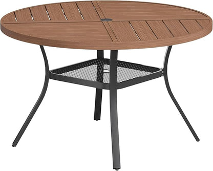 VICLLAX Round Patio Table with Adjustable Umbrella Hole for 6, All Weather Metal Outdoor Dining Table for Lawn Garden, 47.2" Outdoor Coffee Table, Walnut Wood-Like Tabletop