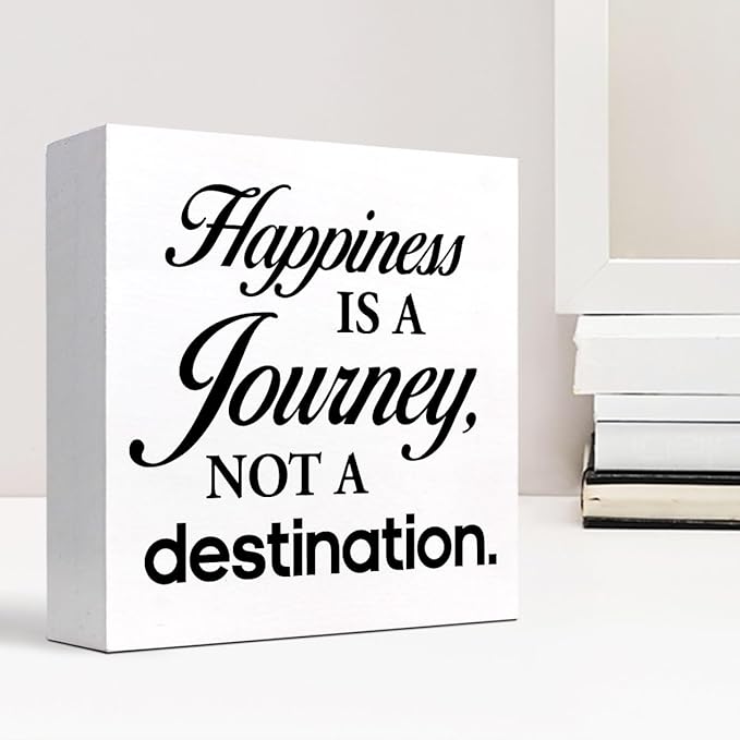 Motivational Wood Box Sign Desk Decor,Happiness is a Journey not a Destination Wood Plaque Signs,Rustic Wooden Block Sign Decor for Home Office Shelf Table Decoration C1081