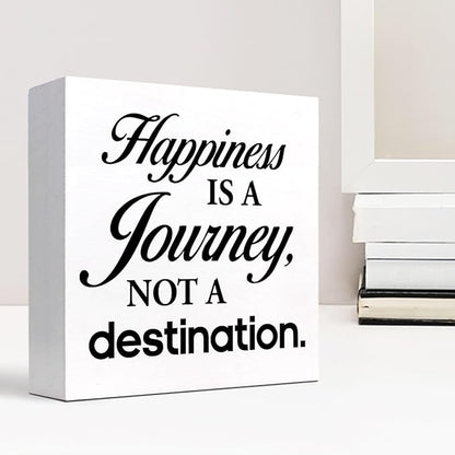 Motivational Wood Box Sign Desk Decor,Happiness is a Journey not a Destination Wood Plaque Signs,Rustic Wooden Block Sign Decor for Home Office Shelf Table Decoration C1081