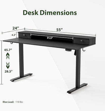 55 x 24 Inches Electric Standing Desk with 2 Storage Drawers, Stand Up Desk Adjustable Height, Sit and Stand Computer Table with Splice Board, Black