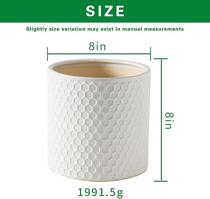Docrin Ceramic Planters Indoor, 8 Inch Plant Pot with Drainage Holes for Home/Office - White Honeycomb