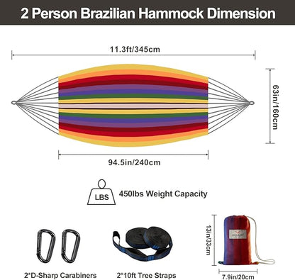Brazilian Double Hammock with Tree Straps,Extra Large 240x160cm,2 Persons Hammock for Backyard Patio Outdoor and Indoor,450lbs Weight Capacity,Soft Woven Cotton Fabric