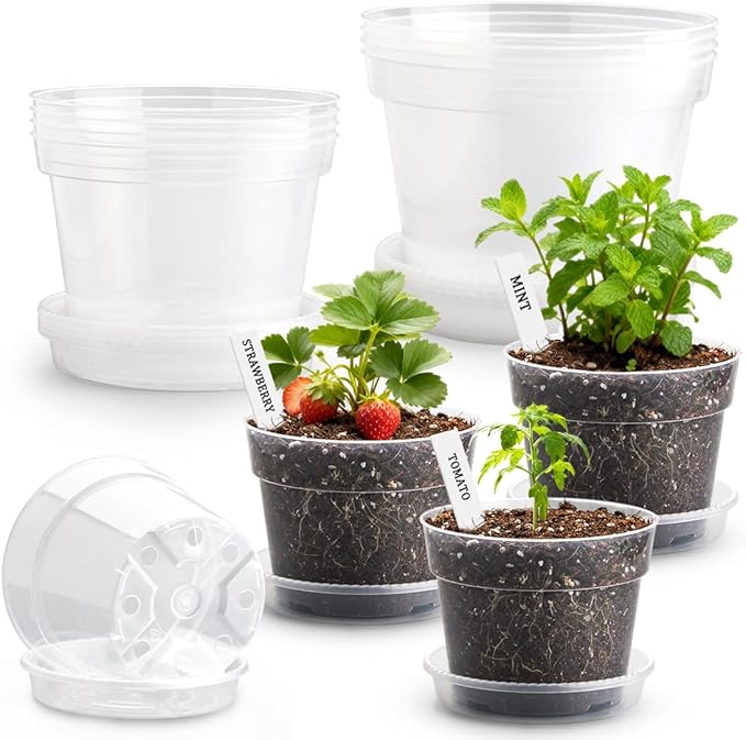 12 Pack 10/8/6 Inch Clear Nursery Pots with Saucer, Plant Label, Gardening Gloves, Transparent Sturdy Plastic Plant Pots with Drainage Hole, Plant Starter Pots for Planting Seedling Herb Vegetable