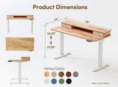 BANTI 48x24 Inch Electric Standing Desk with Double Drawers, Adjustable Height Stand Up Desk, Sit Stand Home Office Desk with Storage Shelf, Light Rustic Brown Top