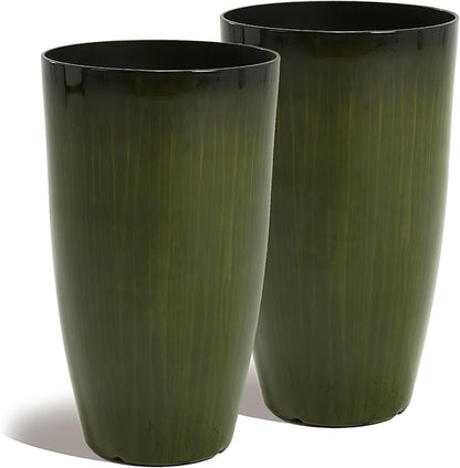 Worth Garden 23.5" H. Large Plastic Planters - Set of 2 Gradient Green Glossy Smooth Finish - Tall Plant Pots for Indoor & Outdoor Use - Decorative Lightweight Flower Pots for Front Porch, Patio, Deck