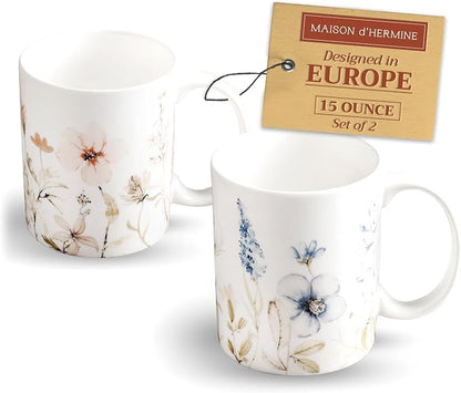 Maison d' Hermine Coffee Mug with Handles Tea Cups (15 Ounce, Pack of 2) | Fine Bone China Coffee Mugs for Hot Beverages Cappuccino Latte Home Restaurant Hotel Spring Summer -Ice Florals